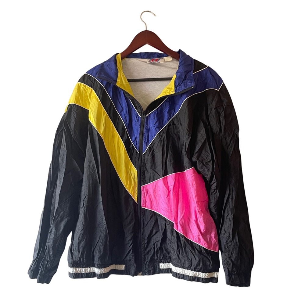 Vintage 80s Men's Metro Wear Color Block‎ Windbreaker Jacket Retro Full Zip